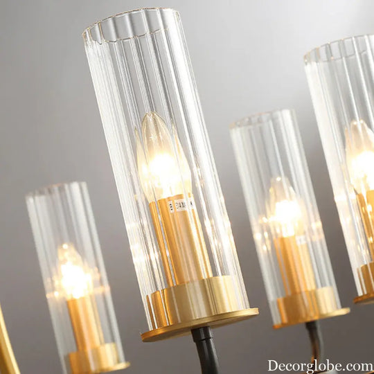 Postmodern Black/Gold Tube Up Chandelier - 6/8 Lights Clear Ribbed Glass Curved Arm