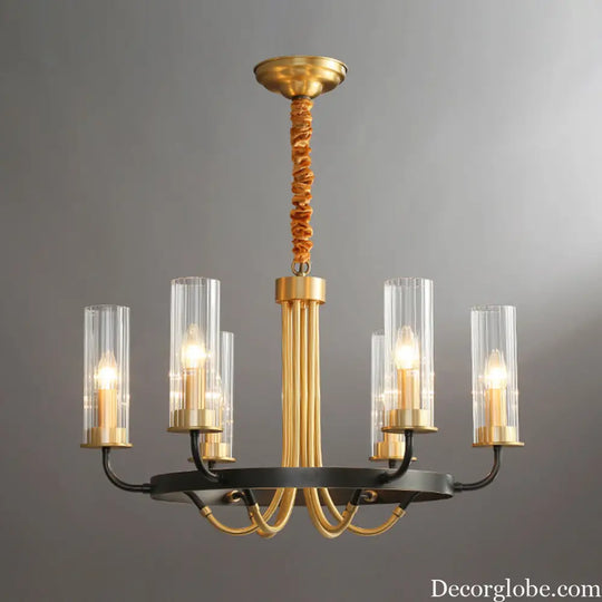 Postmodern Black/Gold Tube Up Chandelier - 6/8 Lights Clear Ribbed Glass Curved Arm