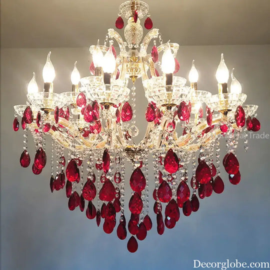 European Princess Crystal Chandelier - Choose from Warm Pink, Blue, Purple, or Red for Creative Room Decor - DecorGlobe