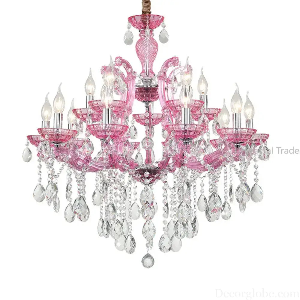 European Princess Crystal Chandelier - Choose from Warm Pink, Blue, Purple, or Red for Creative Room Decor - DecorGlobe