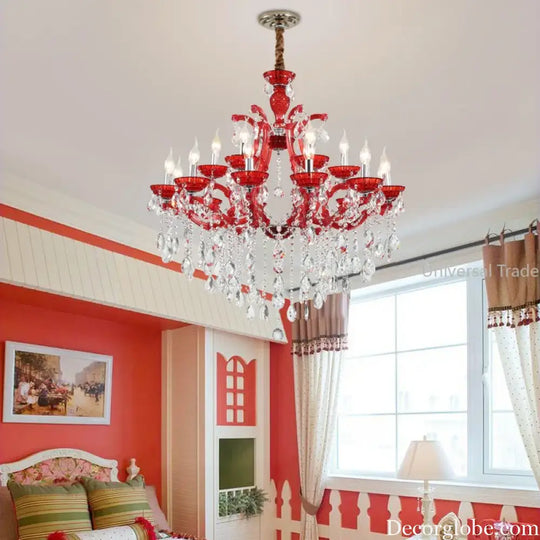 European Princess Crystal Chandelier - Choose from Warm Pink, Blue, Purple, or Red for Creative Room Decor - DecorGlobe