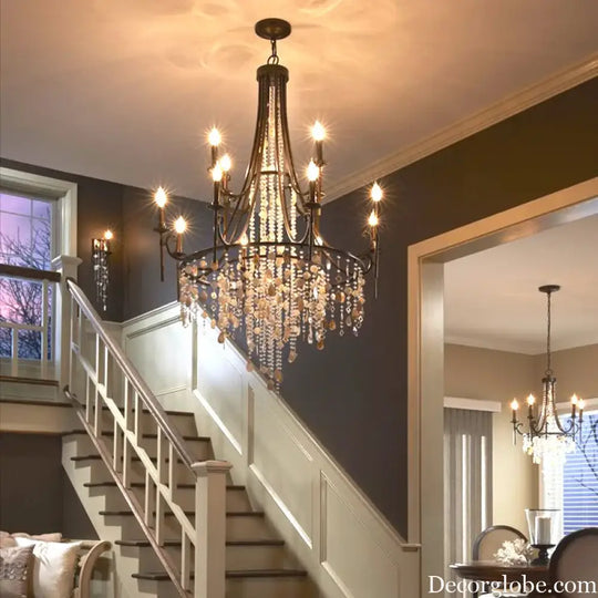 American Duplex Crystal Chandelier Retro French For Villa Living Room Staircase Three Story Long Shell Home Decor