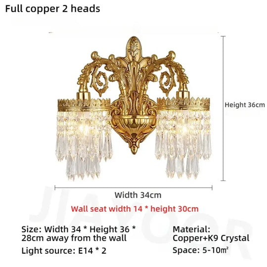 Living Room Full Copper Crystal Wall Lamp European Luxury Wall Lights Bedroom Bedside Lamp Brass Wall Light Room