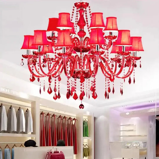 Red Candle Crystal Chandelier with Glass Shades 6 or 8 Head 18 lights / Cold White Chandelier