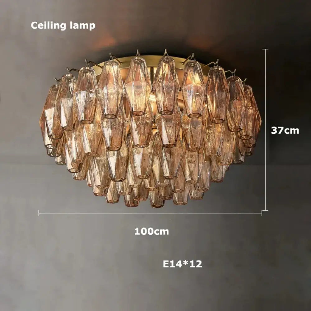 Retro Champagne Pendant Light for Large Living Room Lighting D100cm ceiling lamp / Clear glass / Black hardware|Remote
