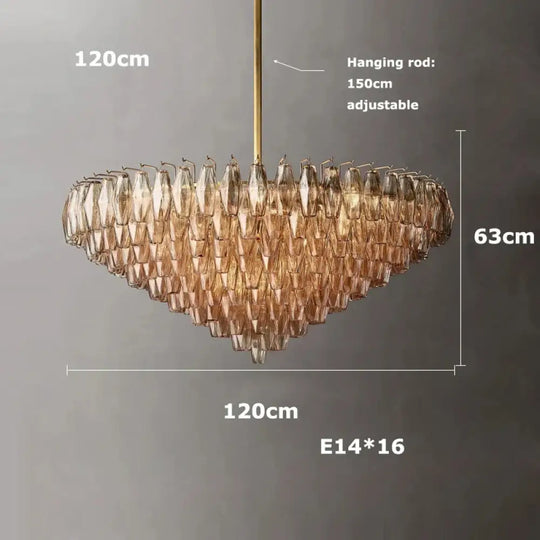 Retro Champagne Pendant Light for Large Living Room Lighting D120cm B / Amber glass / Chrome hardware|Remote control