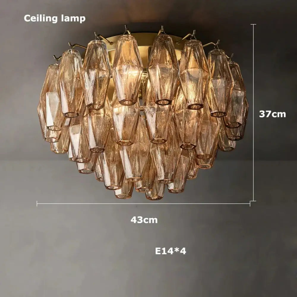 Retro Champagne Pendant Light for Large Living Room Lighting D43cm ceiling lamp / Clear glass / Black hardware|Remote