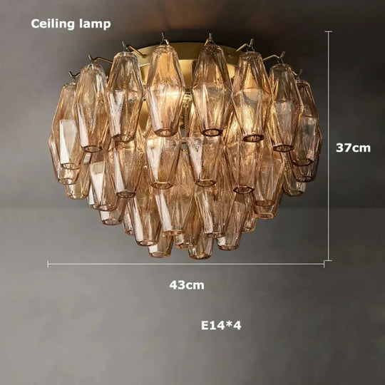Retro Champagne Pendant Light for Large Living Room Lighting D43cm ceiling lamp / Clear glass / Black hardware|Remote