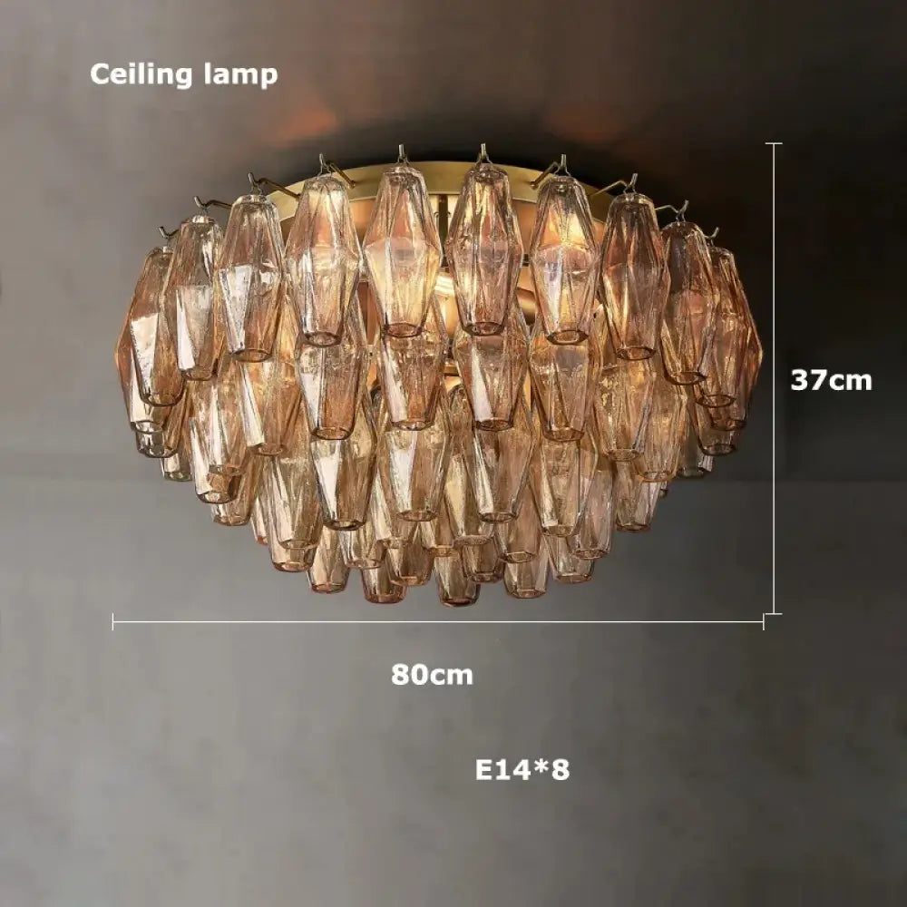 Retro Champagne Pendant Light for Large Living Room Lighting D80cm ceiling lamp / Amber glass / Chrome hardware|Remote
