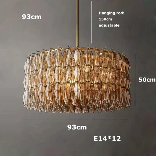 Retro Champagne Pendant Light for Large Living Room Lighting D93cm A / Amber glass / Brass hardware|Remote control