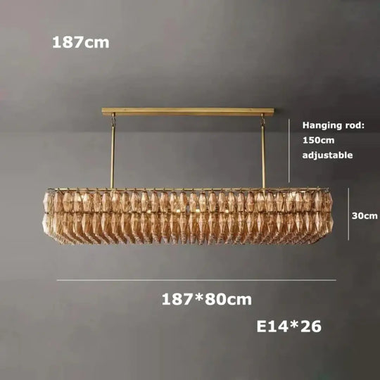 Retro Champagne Pendant Light for Large Living Room Lighting L187cm A / Amber glass / Brass hardware|Remote control