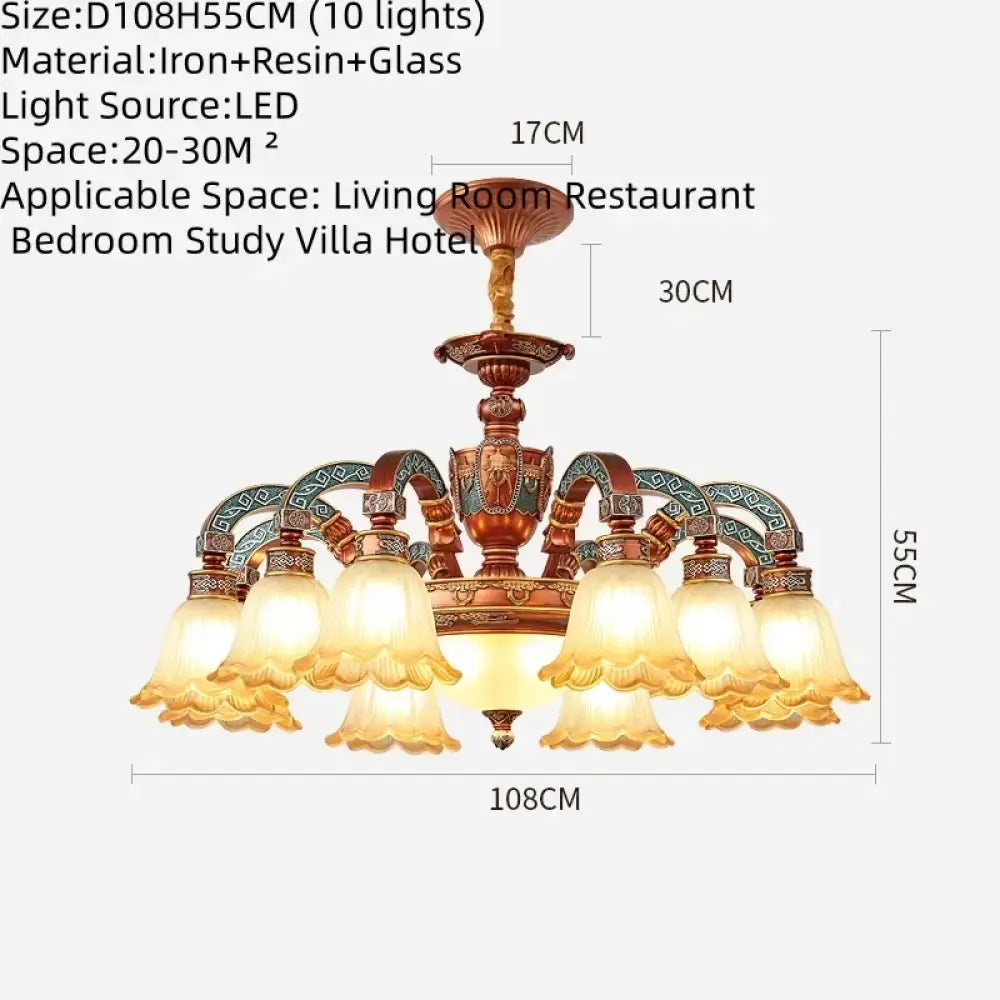 European Luxury Retro Iron Chandelier with Frosted Glass 10 Lights Chandelier