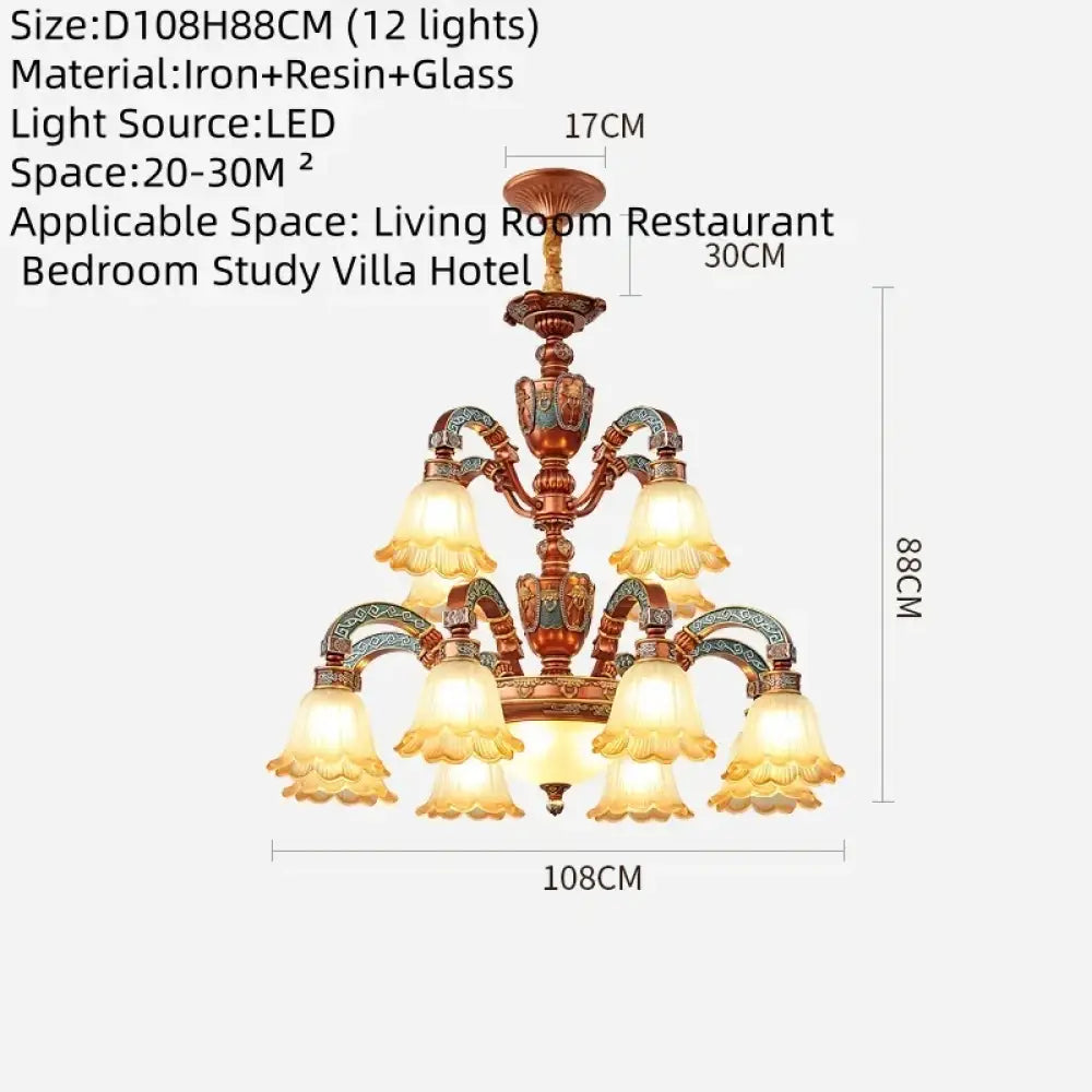 European Luxury Retro Iron Chandelier with Frosted Glass 12 Lights Chandelier
