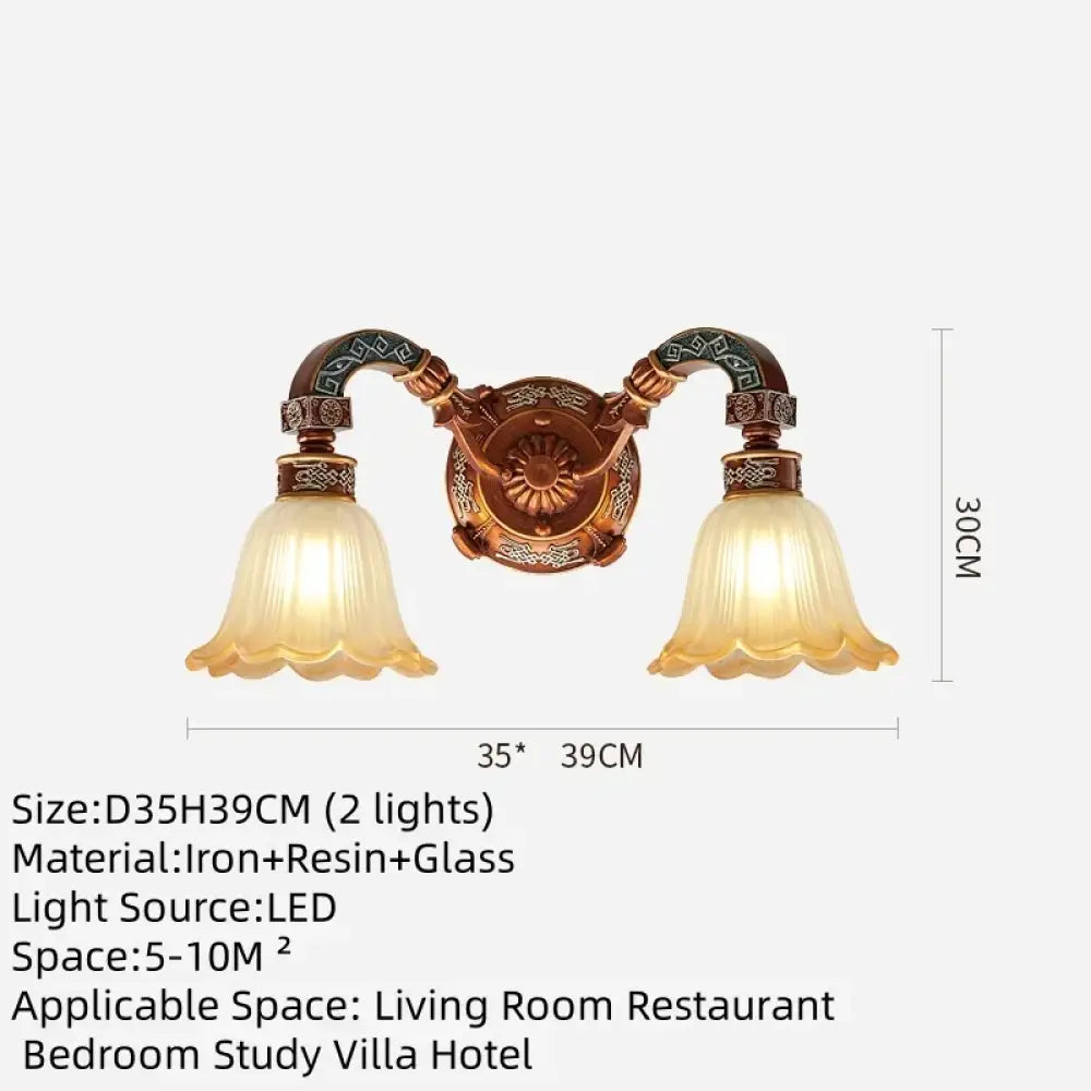 European Luxury Retro Iron Chandelier with Frosted Glass 2 Lights Chandelier