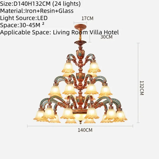 European Luxury Retro Iron Chandelier with Frosted Glass 24 Lights Chandelier
