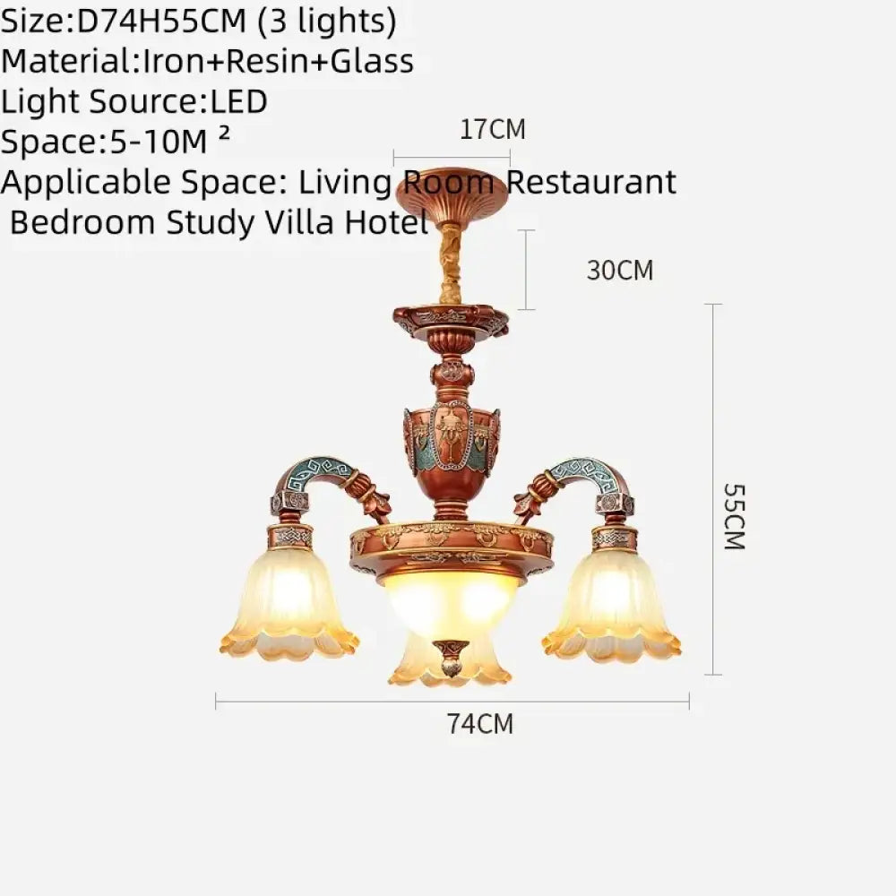 European Luxury Retro Iron Chandelier with Frosted Glass 3 Lights Chandelier