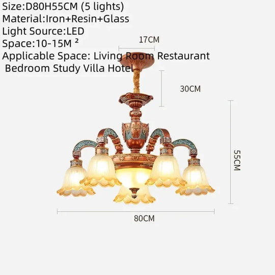 European Luxury Retro Iron Chandelier with Frosted Glass 5 Lights Chandelier