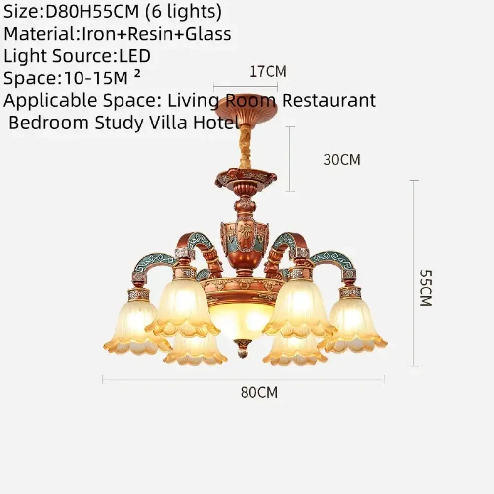 European Luxury Retro Iron Chandelier with Frosted Glass 6 Lights Chandelier