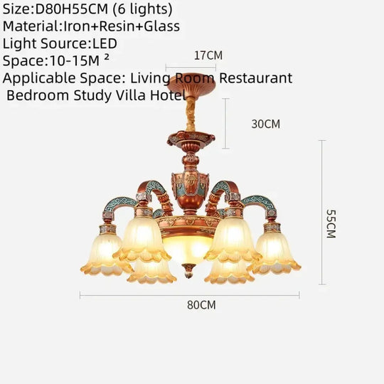 European Luxury Retro Iron Chandelier with Frosted Glass 6 Lights Chandelier