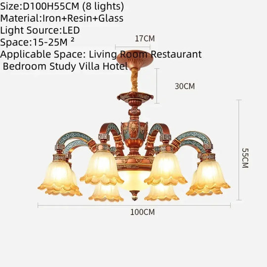 European Luxury Retro Iron Chandelier with Frosted Glass 8 Lights Chandelier