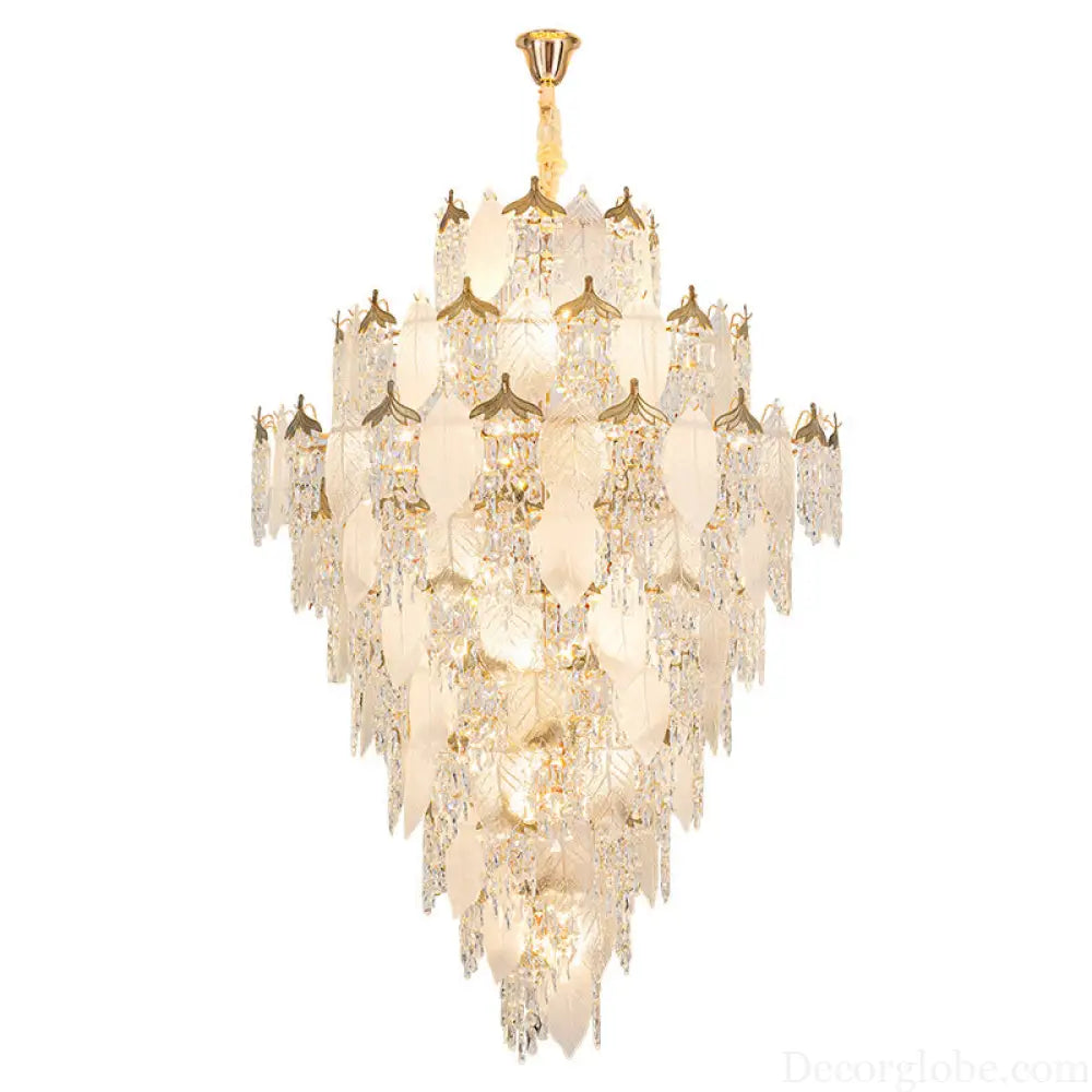 New French Cream Style Villa Duplex Living Room Crystal Chandelier Modern Light Luxury High Feeling Leaf Lamp Staircase