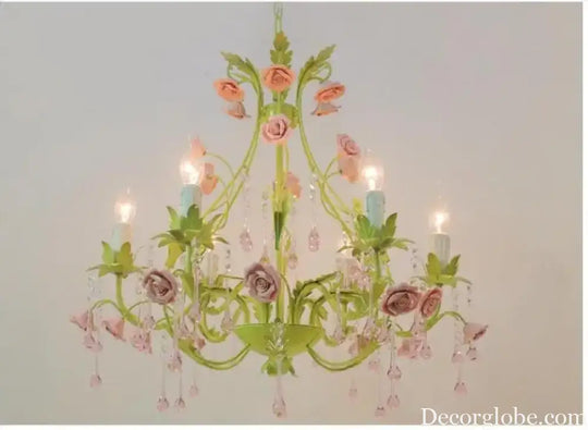 European Rose Flower Chandelier - Green Lustre Light in 6L/8L/12L Sizes, E14 Decoration Light Fixture in Pink - DecorGlobe