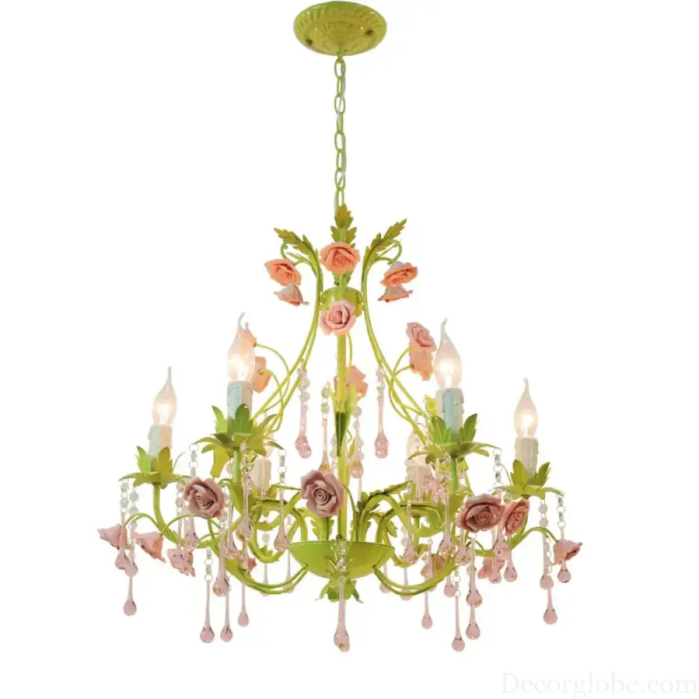 European Rose Flower Chandelier - Green Lustre Light in 6L/8L/12L Sizes, E14 Decoration Light Fixture in Pink - DecorGlobe