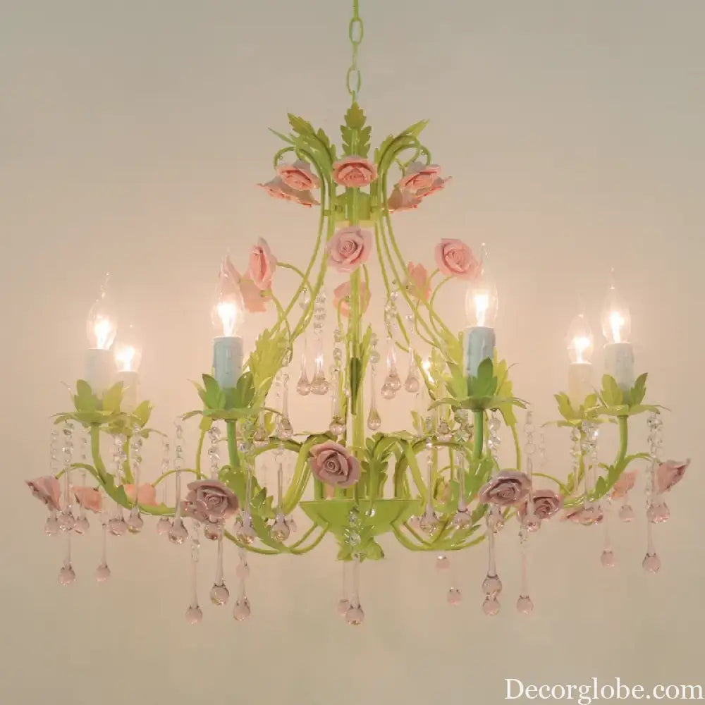 European Rose Flower Chandelier - Green Lustre Light in 6L/8L/12L Sizes, E14 Decoration Light Fixture in Pink - DecorGlobe
