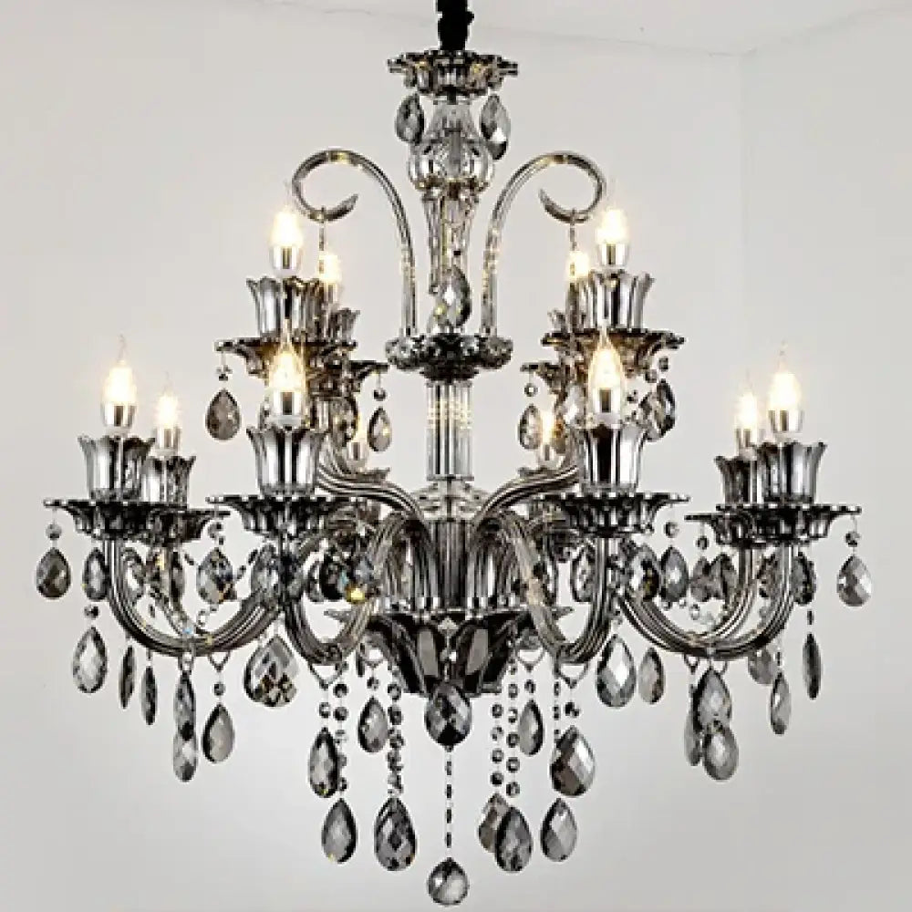 Smoky Gray Crystal Chandelier for Foyer and Staircase Lighting 12 lights / Cold White Chandelier