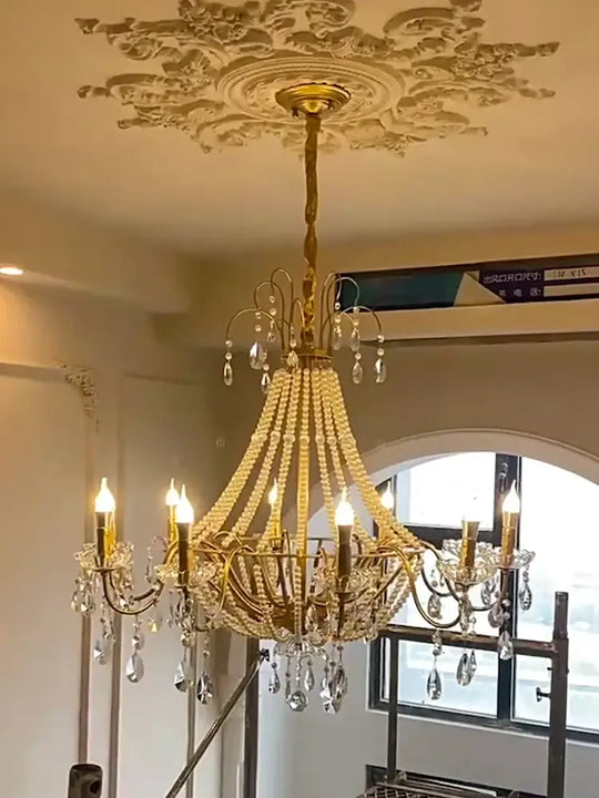 American Crystal Lamp French Retro Pearl Chandelier Medieval Villa Living Room Dining Room Bedroom Duplex Atmospheric