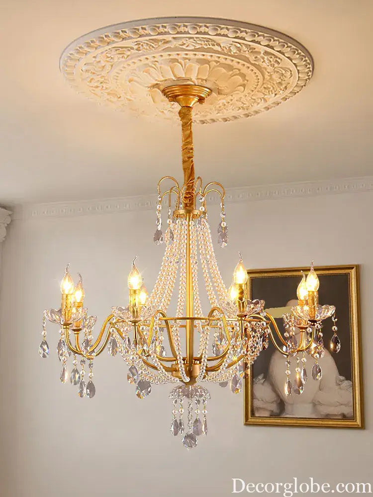 American Crystal Lamp French Retro Pearl Chandelier Medieval Villa Living Room Dining Room Bedroom Duplex Atmospheric