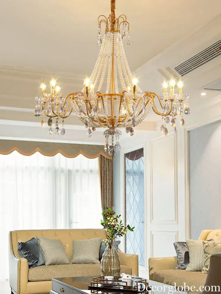 American Crystal Lamp French Retro Pearl Chandelier Medieval Villa Living Room Dining Room Bedroom Duplex Atmospheric