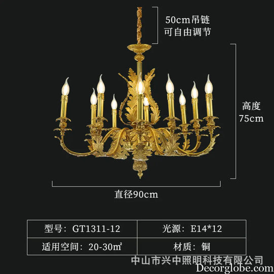 European-Style Crystal Copper Chandelier for Luxury Villas 12-head chandelier (diameter 90cm, height 75cm)