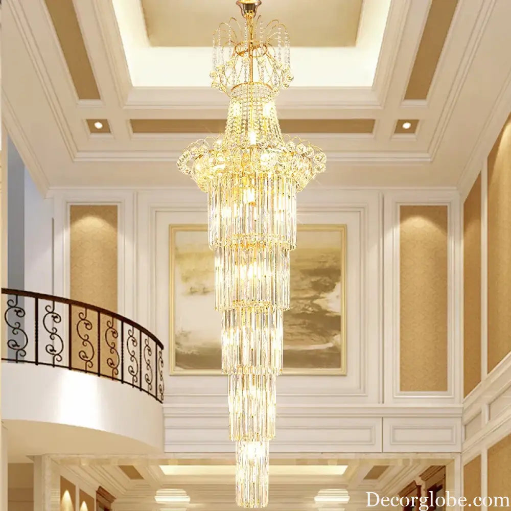 European-Style Duplex High Ceiling Chandelier - Golden Elegance for Grand Halls and Stairwell Luxury - DecorGlobe