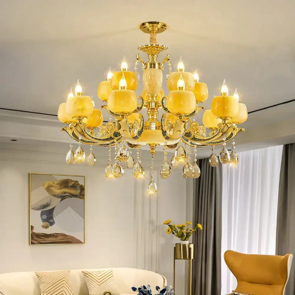 European Style Jade Crystal Chandelier - Luxury Lighting with Natural Marble Accents for Dining Rooms, Bedrooms, and Living Spaces - DecorGlobe