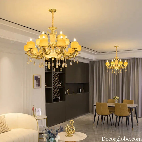European Style Jade Crystal Chandelier - Luxury Lighting with Natural Marble Accents for Dining Rooms, Bedrooms, and Living Spaces - DecorGlobe