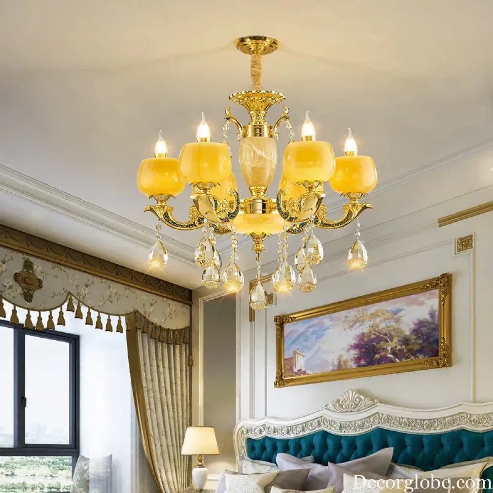 European Style Jade Crystal Chandelier - Luxury Lighting with Natural Marble Accents for Dining Rooms, Bedrooms, and Living Spaces - DecorGlobe