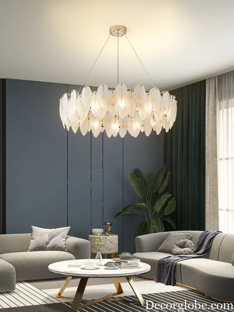 Unique Goose Feather LED Chandelier - Artistic White Glass - Designer Lighting Fixture for Foyer and More - DecorGlobe
