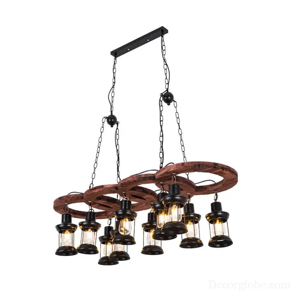 Vintage Black Chandelier Pendant Lamp with Clear Glass Lantern and Wooden Shelf - 10 Lights Black