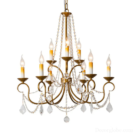 Vintage Brass Chandelier Pendant Light - Crystal Beaded Strand - 6/9 Lights - Bare Bulb Hanging Pendant