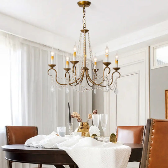 Vintage Brass Chandelier Pendant Light - Crystal Beaded Strand - 6/9 Lights - Bare Bulb Hanging Pendant 6 / Brass