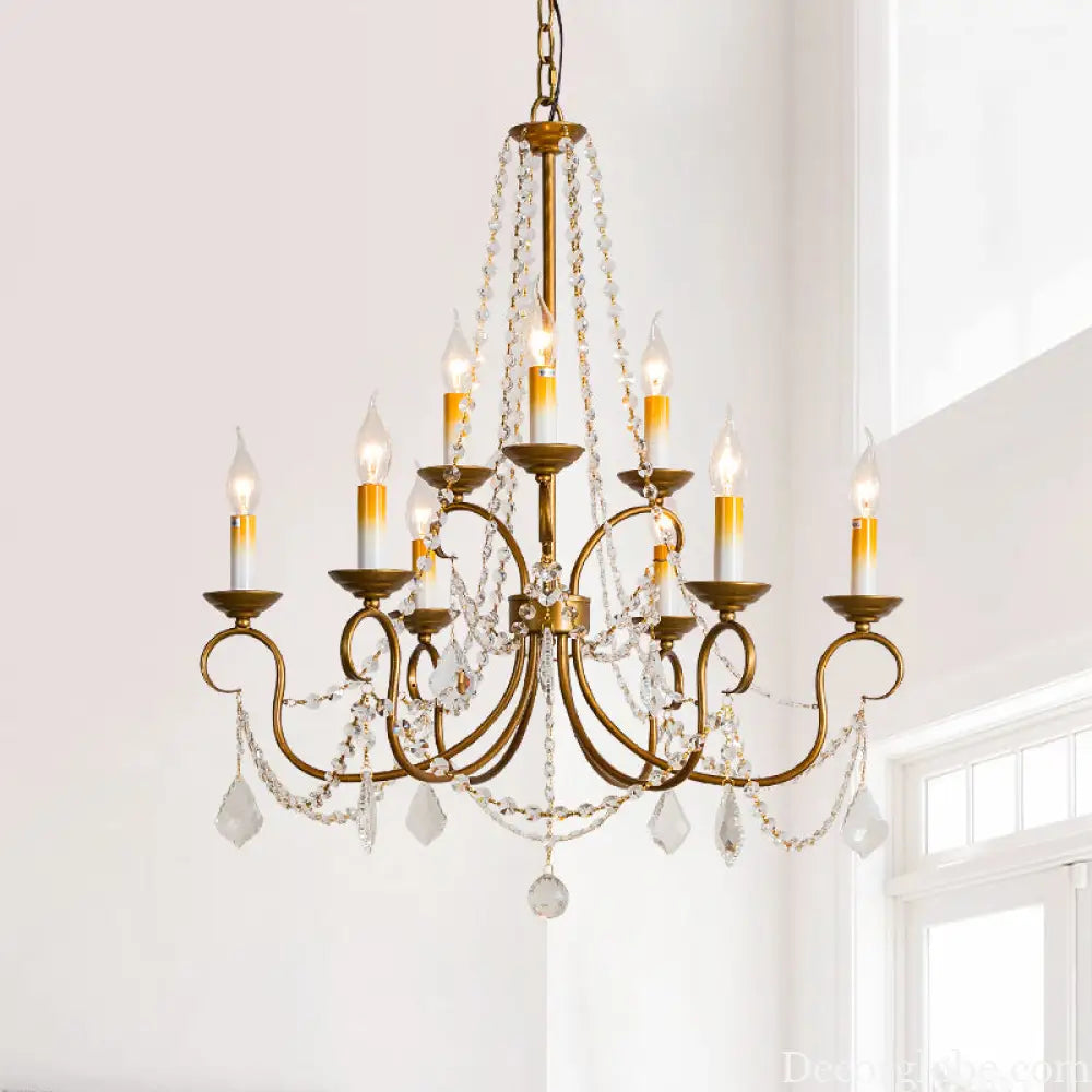 Vintage Brass Chandelier Pendant Light - Crystal Beaded Strand - 6/9 Lights - Bare Bulb Hanging Pendant