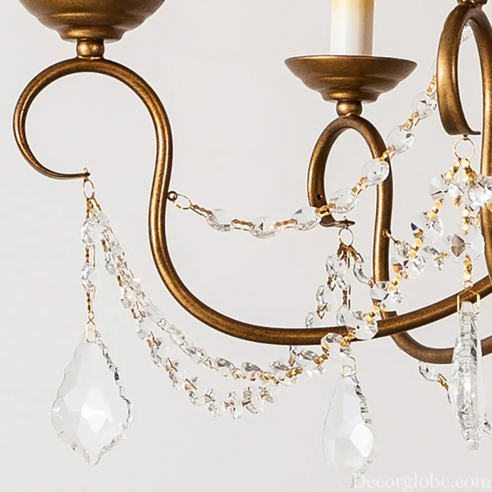 Vintage Brass Chandelier Pendant Light - Crystal Beaded Strand - 6/9 Lights - Bare Bulb Hanging Pendant