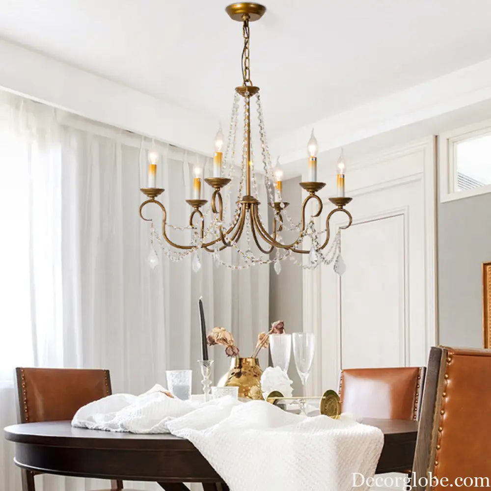 Vintage Brass Chandelier Pendant Light - Crystal Beaded Strand - 6/9 Lights - Bare Bulb Hanging Pendant