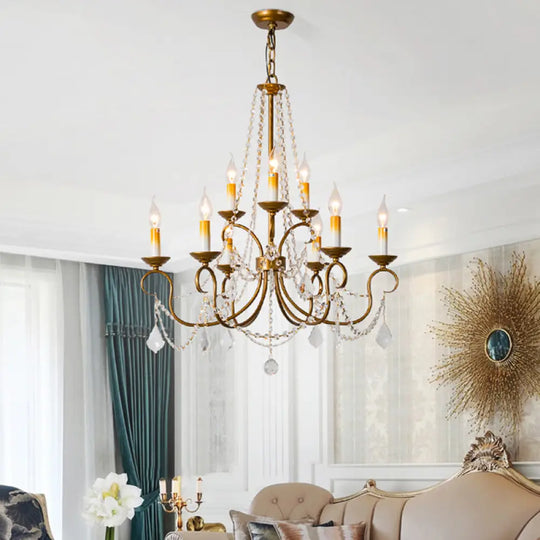 Vintage Brass Chandelier Pendant Light - Crystal Beaded Strand - 6/9 Lights - Bare Bulb Hanging Pendant 9 / Brass