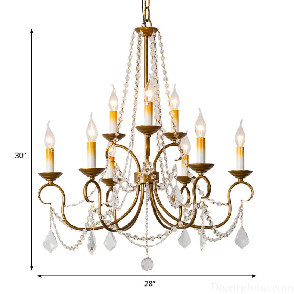 Vintage Brass Chandelier Pendant Light - Crystal Beaded Strand - 6/9 Lights - Bare Bulb Hanging Pendant