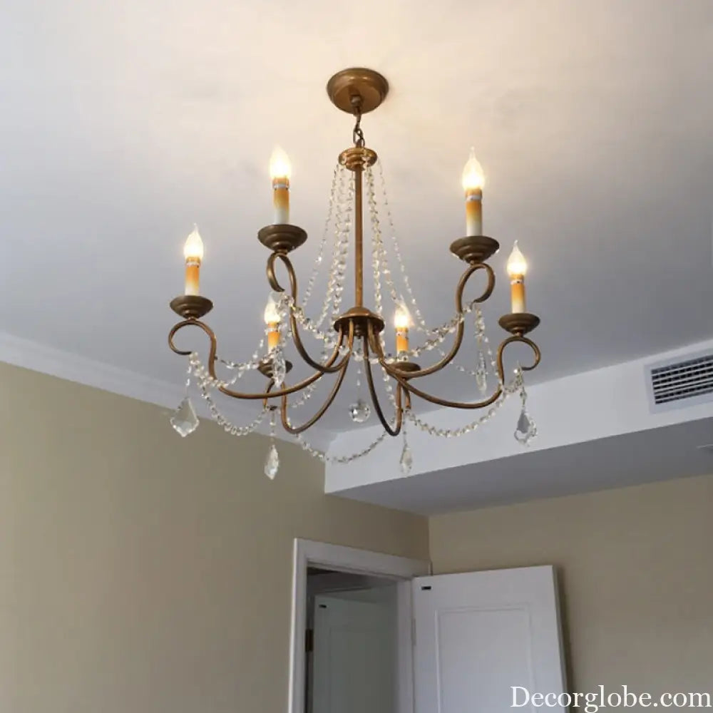 Vintage Brass Chandelier Pendant Light - Crystal Beaded Strand - 6/9 Lights - Bare Bulb Hanging Pendant