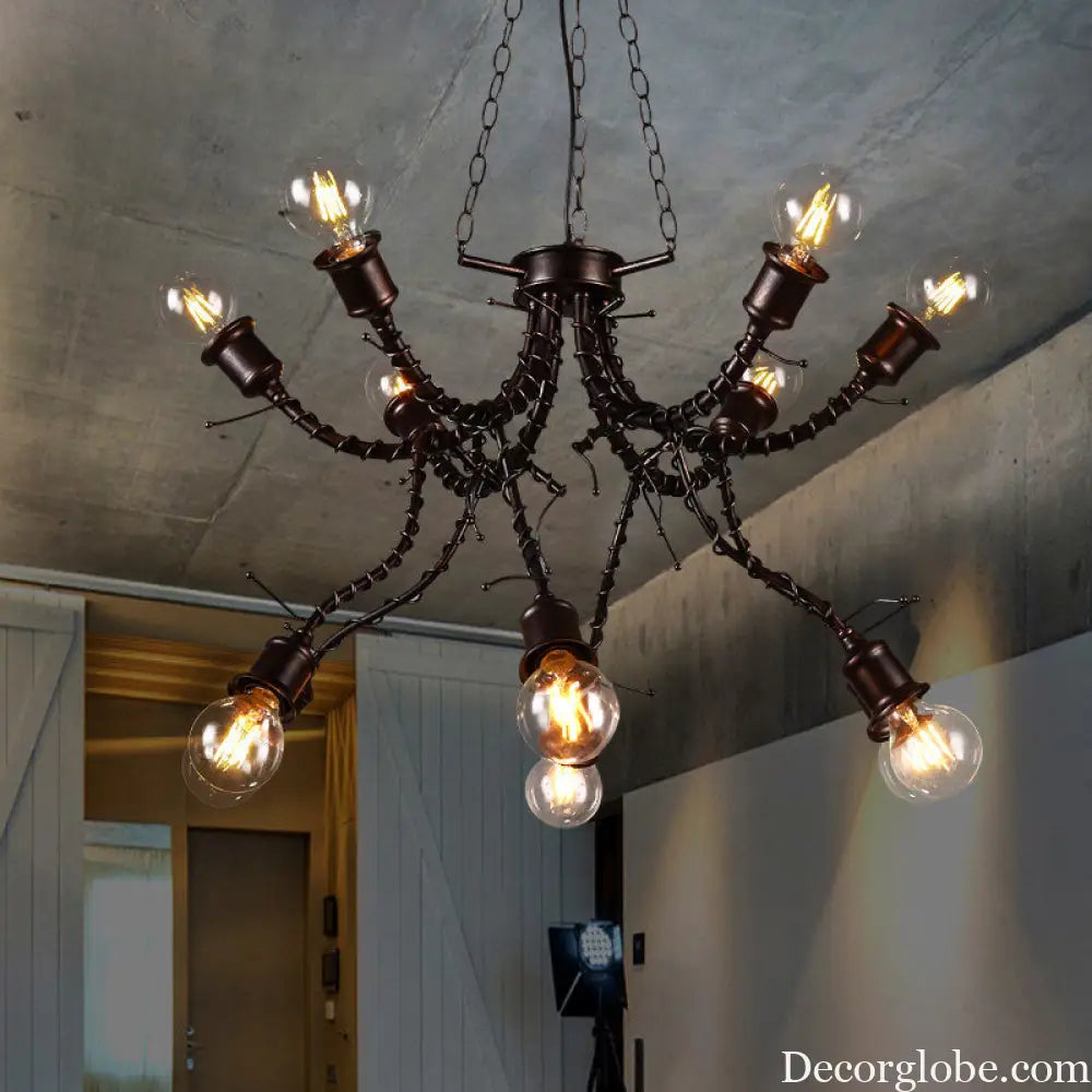 Vintage Rustic Iron Twig Arm Chandelier Pendant Lamp for a Stylish Cafe Vibe Black