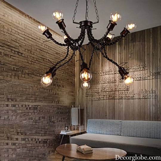 Vintage Rustic Iron Twig Arm Chandelier Pendant Lamp for a Stylish Cafe Vibe Black