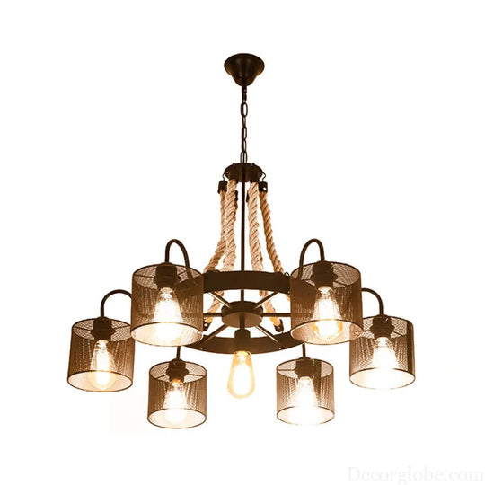 Vintage Style Cylinder Mesh Metal Shade Chandelier: 6-Head Restaurant Hanging Light in Beige Beige